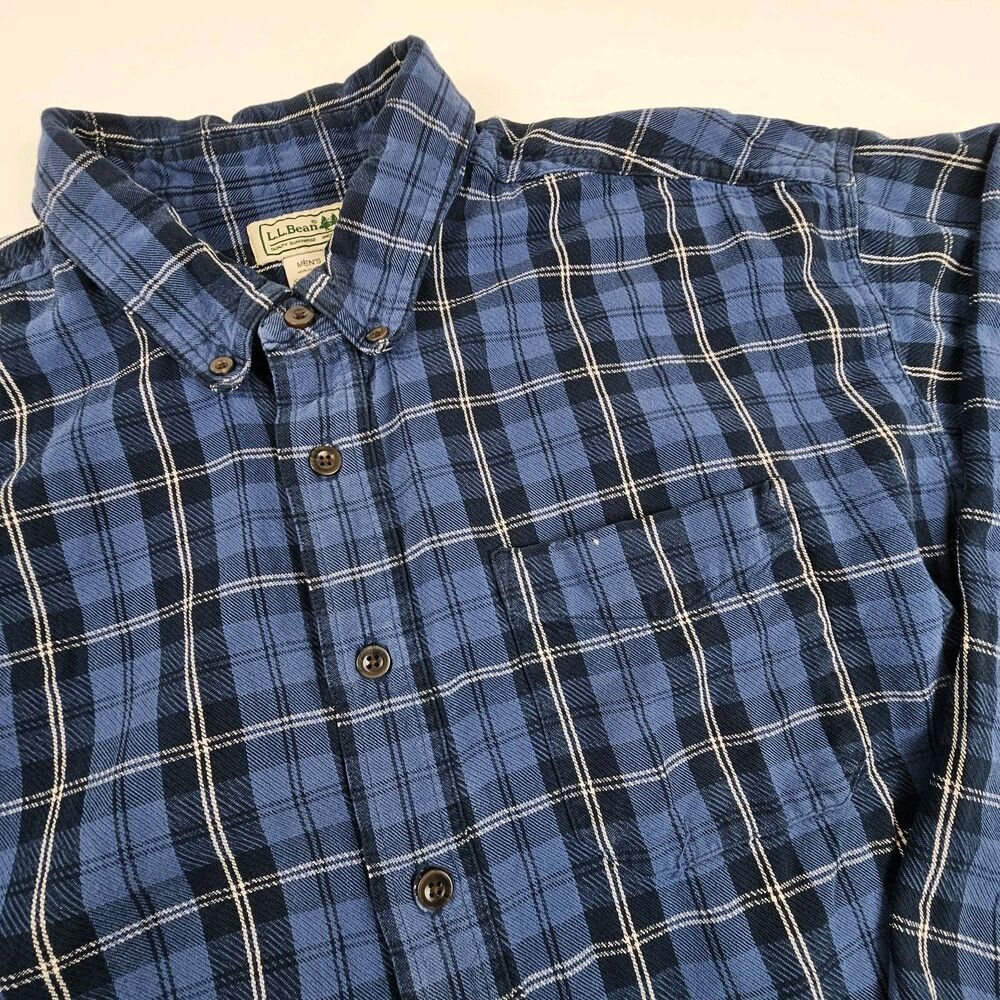 L.L.Bean Mens XXL Tall Shirt Blue Plaid 100% Cotton Button Up 2XLT